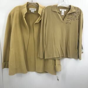 Jones New York 2 Pc Set Long Sleeve Shirt Open Jacket  Wool Large Green NEW